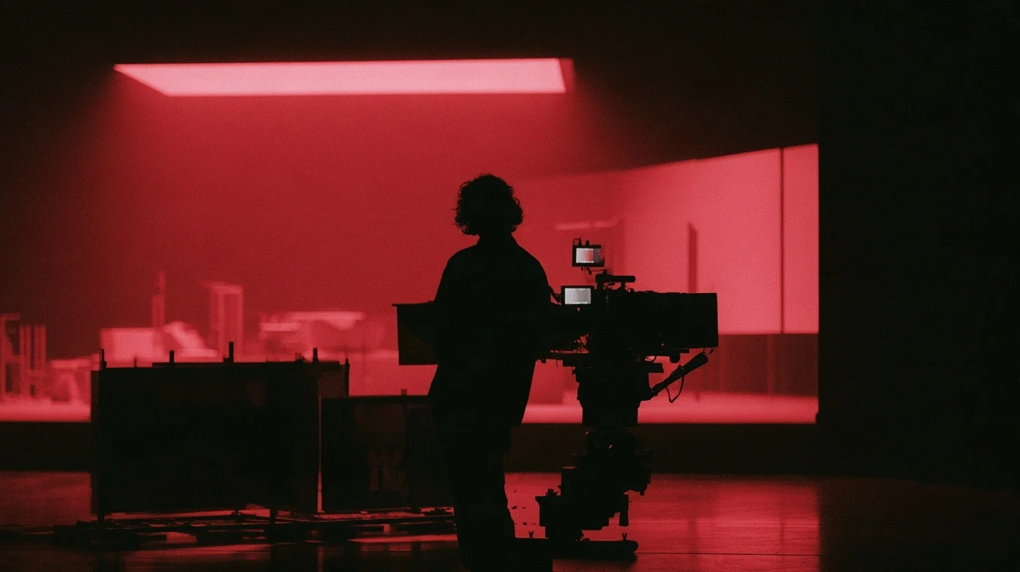 A silhouetted filmmaker standing at a camera