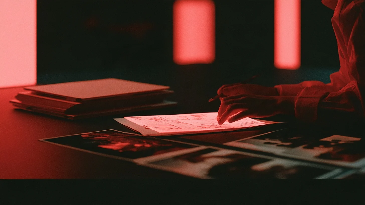 A hand reviewing papers on a desk