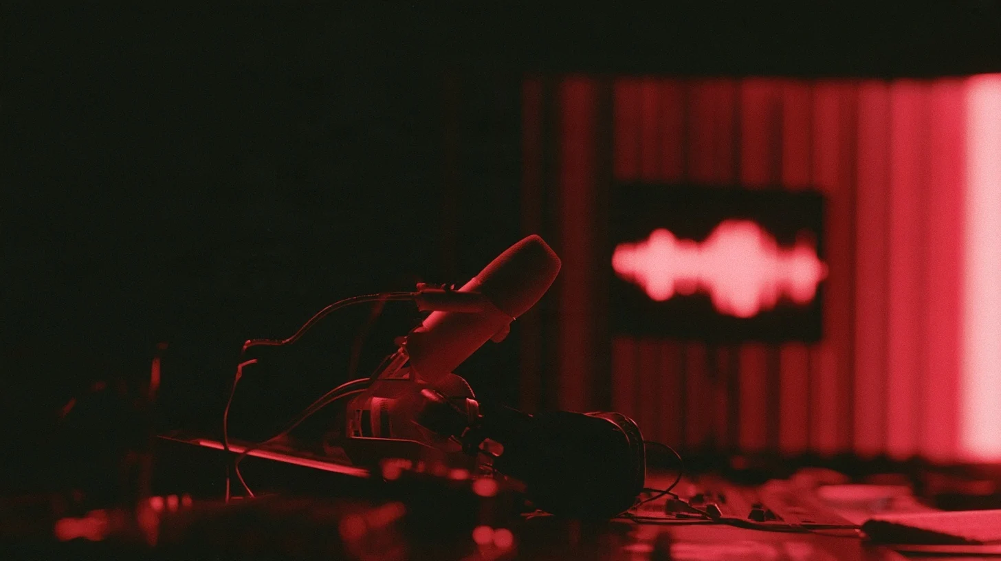 A microphone, headphones and mixing console in a studio