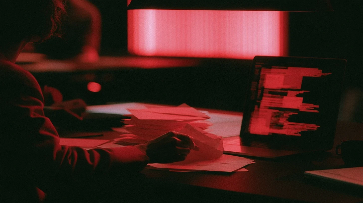 A person sorting mail beside a laptop in red light