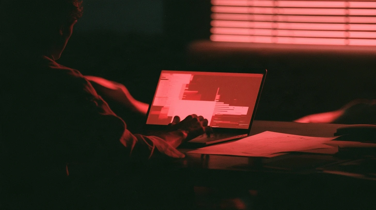A person building on a laptop in red light